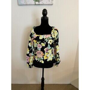 Who What Wear Floral Black Long Sleeve Linen Square Neck Top Size Large NWT!